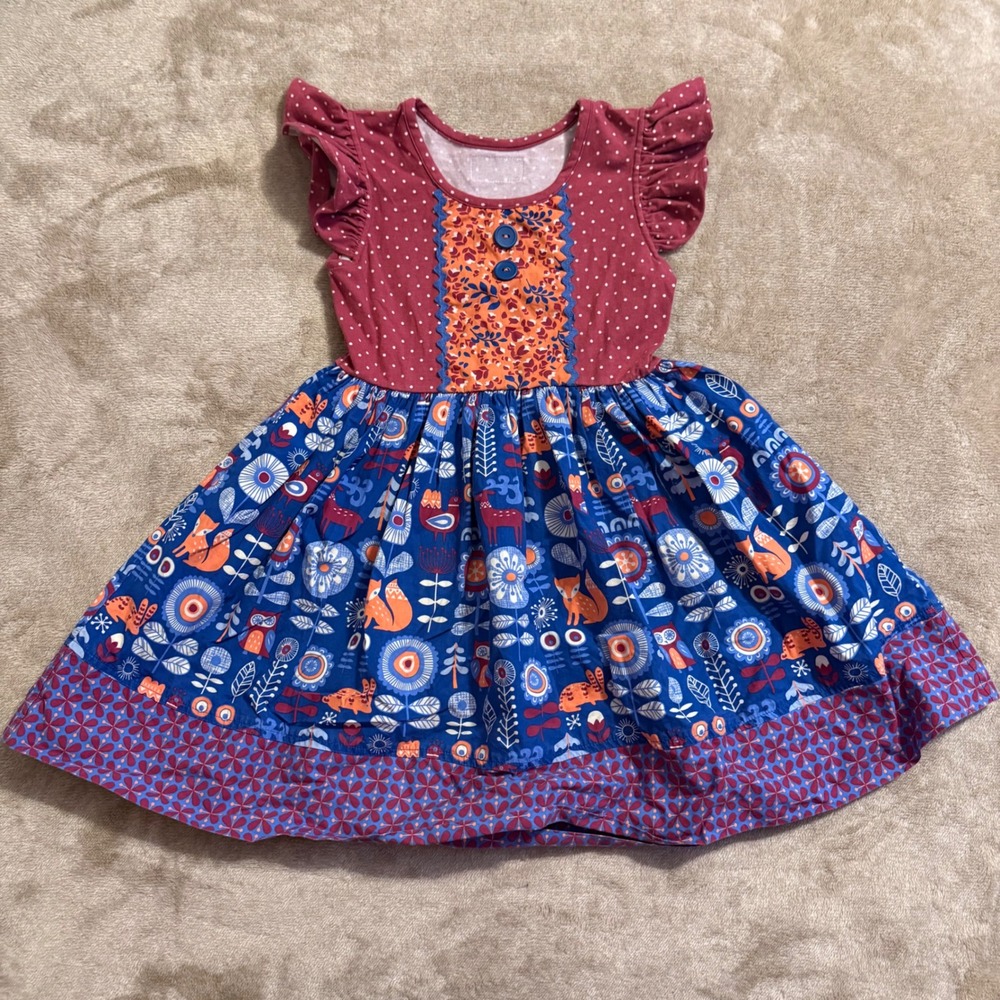 Eleanor Rose Rhonda Dress Girls 5-6 Woodland Fox Owl Flutter Sleeve Red Blue
